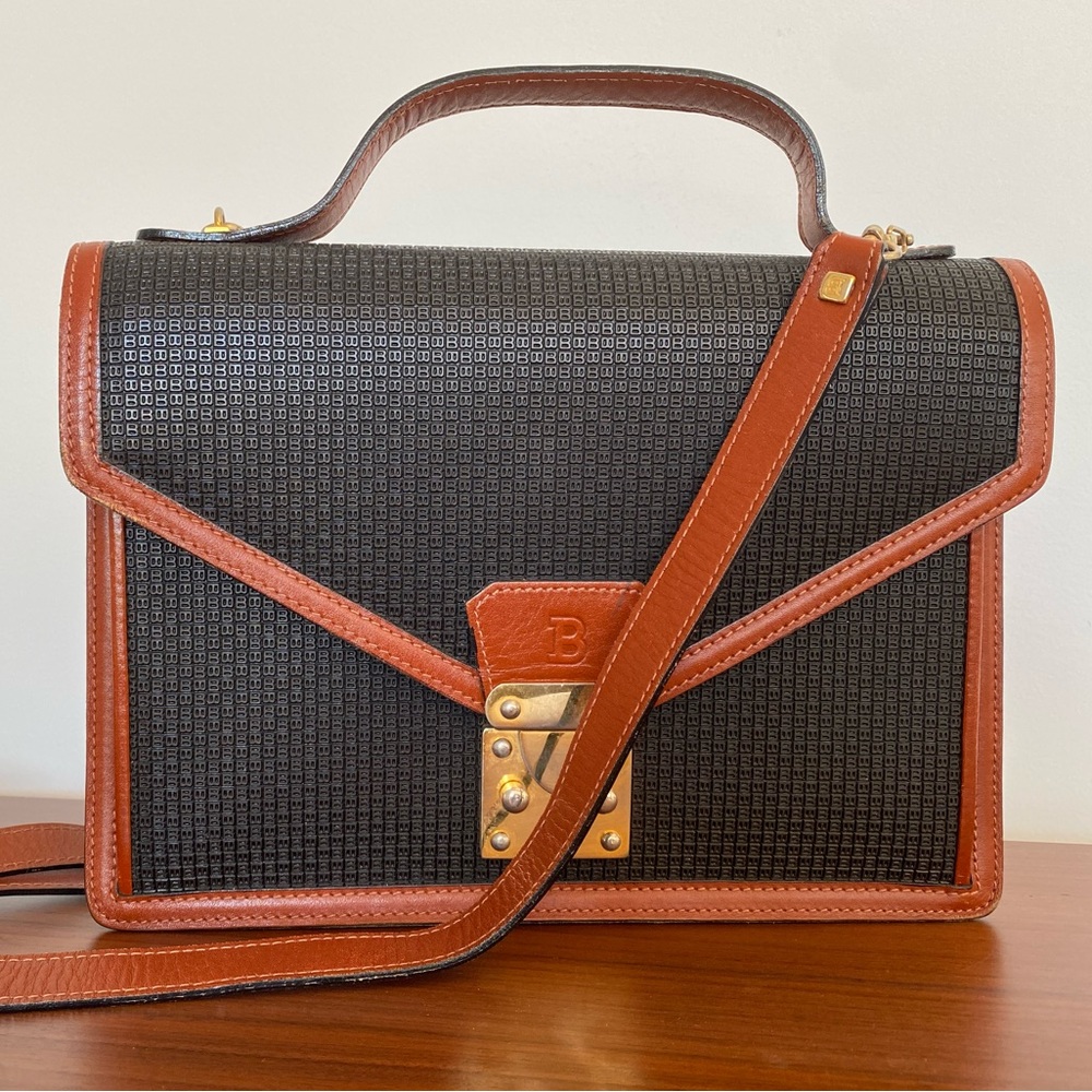 Bally Two Way Bag with Leather Trim & “B” pattern. Brass lock & removable strap